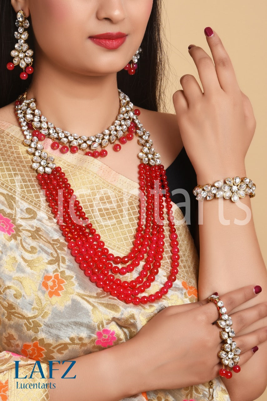 Pre-Layered Red Bead Jewellery Set with Bracelet